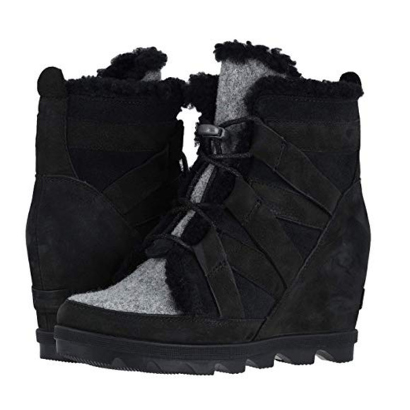 New Sorel Wedge Boots 2 tone Black Shearling 7 38 - Picture 1 of 8